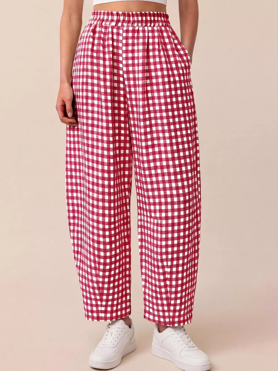 Gingham Wide-leg Casual Pants in Black