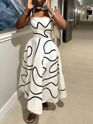 White abstract patterned midi dress with square neckline and flared skirt