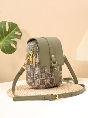 sage green PU Leather Imported Size & crossbody bag with geometric and snap, zip