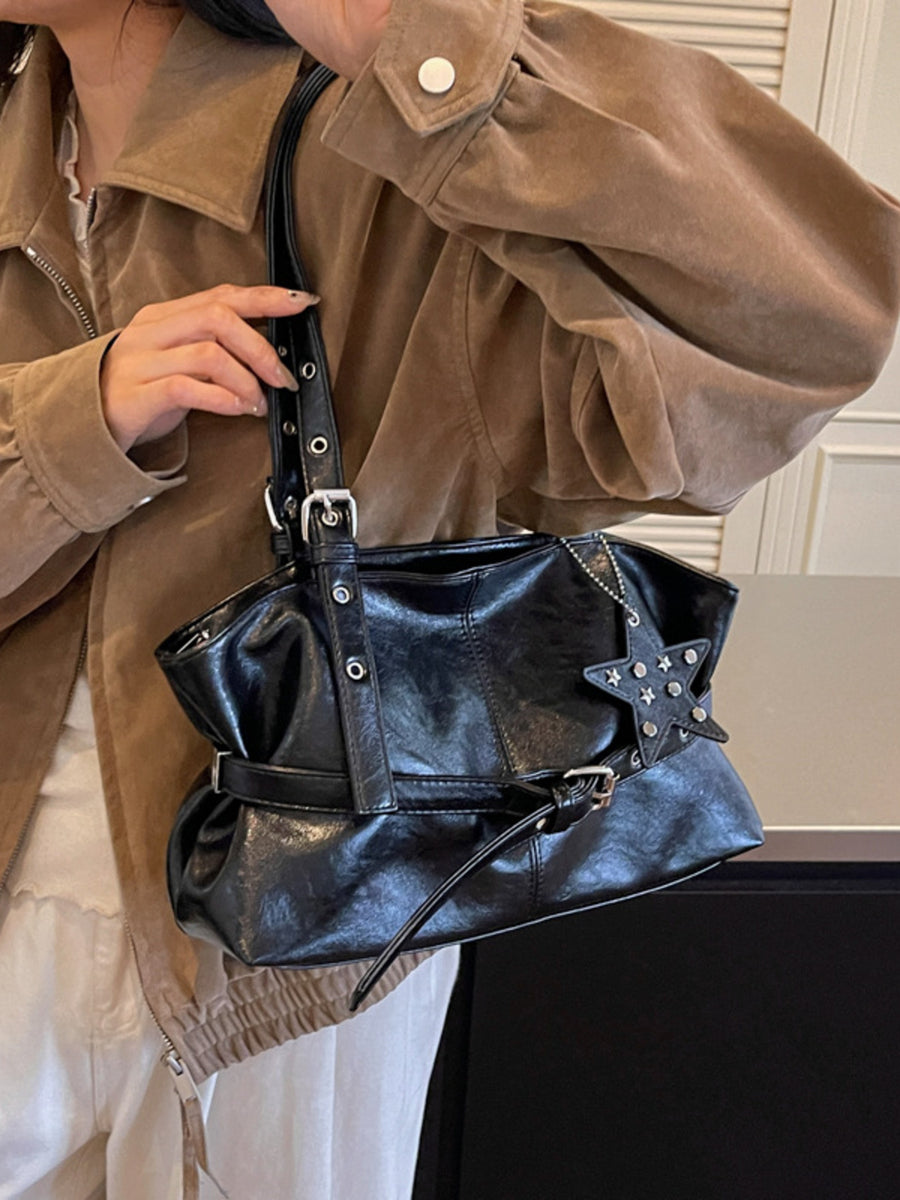 Star Charm Buckle Shoulder Bag in Black with star charm