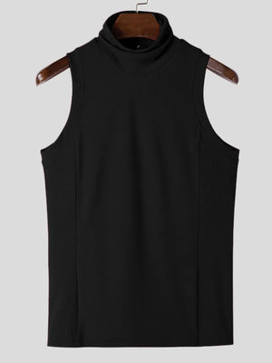 Black ribbed sleeveless turtleneck shirt with a high neck.