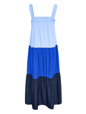 Three-tone wide strap maxi dress with tiered skirt in blue shades.