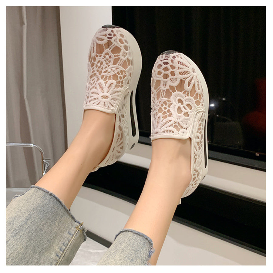 White lace mesh slip-on flats with floral pattern, casual comfort style