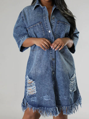 streetwear shirt dress in denim blue with collared