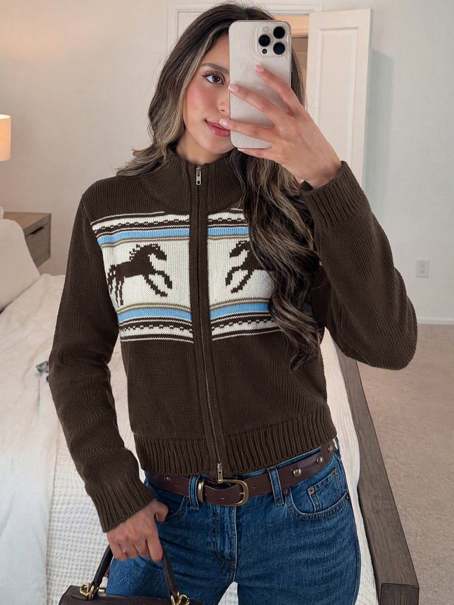 Coffee Brown zip-up sweater with cropped and zip-front