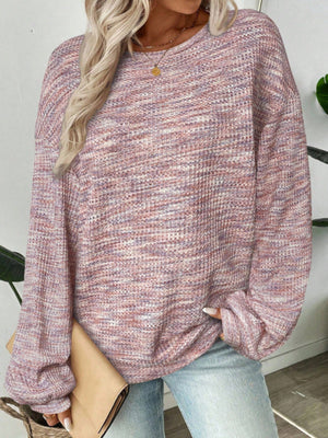 Space-Dyed Long Sleeve Waffle-Knit Top in Orange with waffle-knit