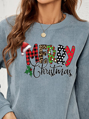 Misty Blue corduroy sweatshirt with Merry Christmas graphic featuring Santa hat, plaid, leopard, polka dots and holly.