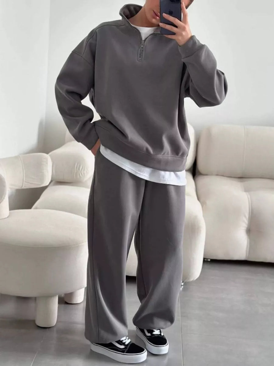 Light Gray oversized, wide-leg sweat set with collared