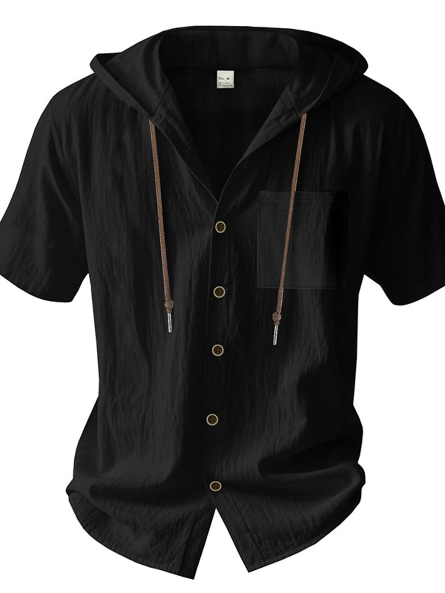Men's black short sleeve hooded shirt with pocket and drawstring detail