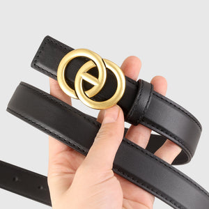 Black leather belt with double circle gold buckle