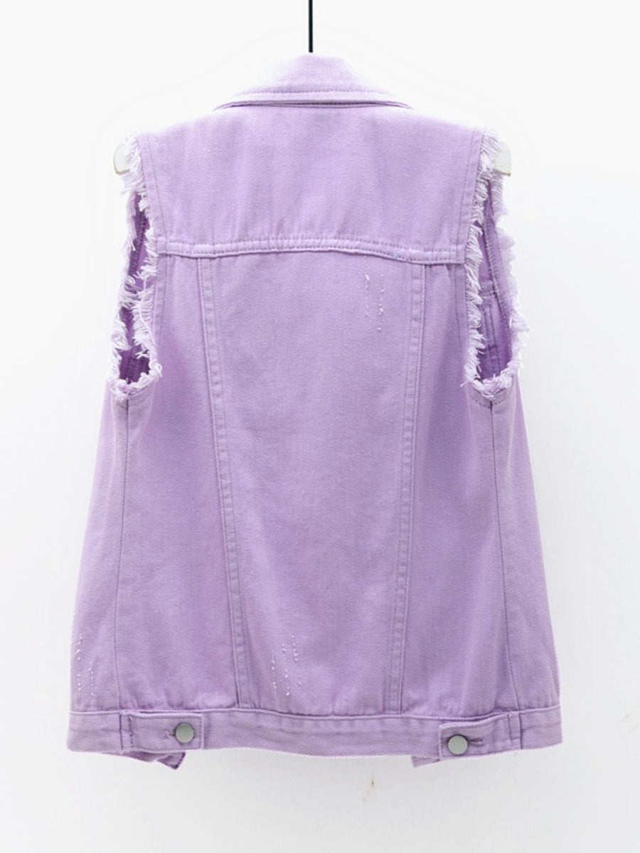 Lavender denim vest with frayed shoulders and distressed details.