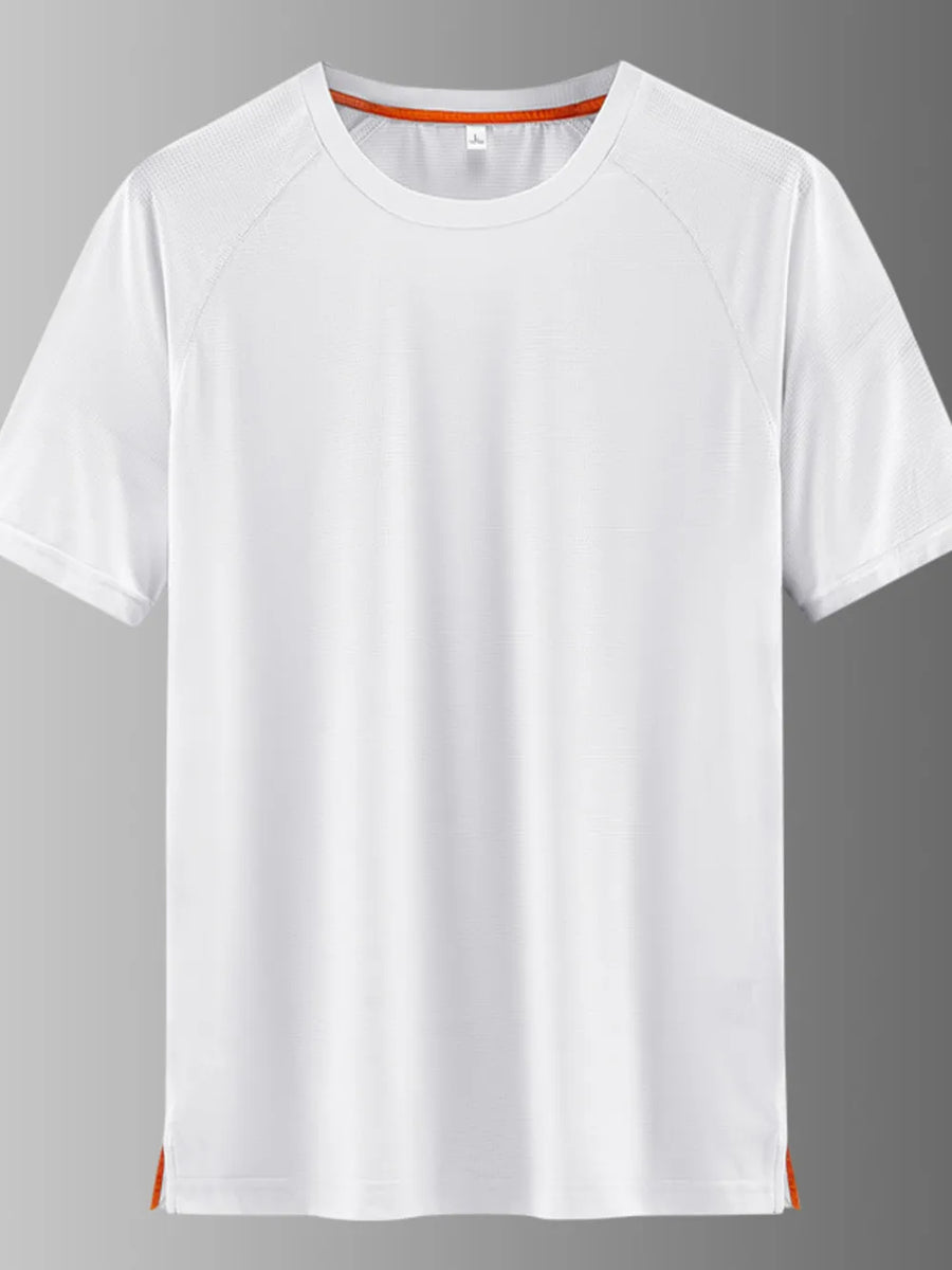 Men's white quick-dry active t-shirt with orange trim and textured shoulders.