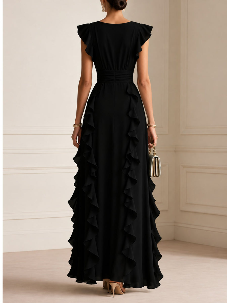 Black A-line maxi dress with deep v-neck