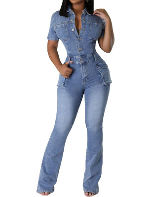 modern jumpsuit in light blue with collared