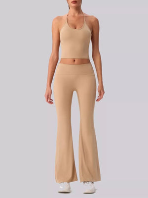 Halter Neck Cami And Flare Leggings Set in White