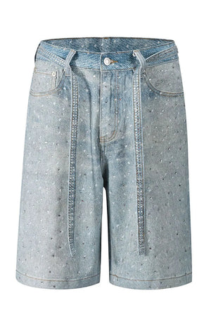 Embellished denim bermuda shorts in medium wash with allover rhinestones and a tie waist.