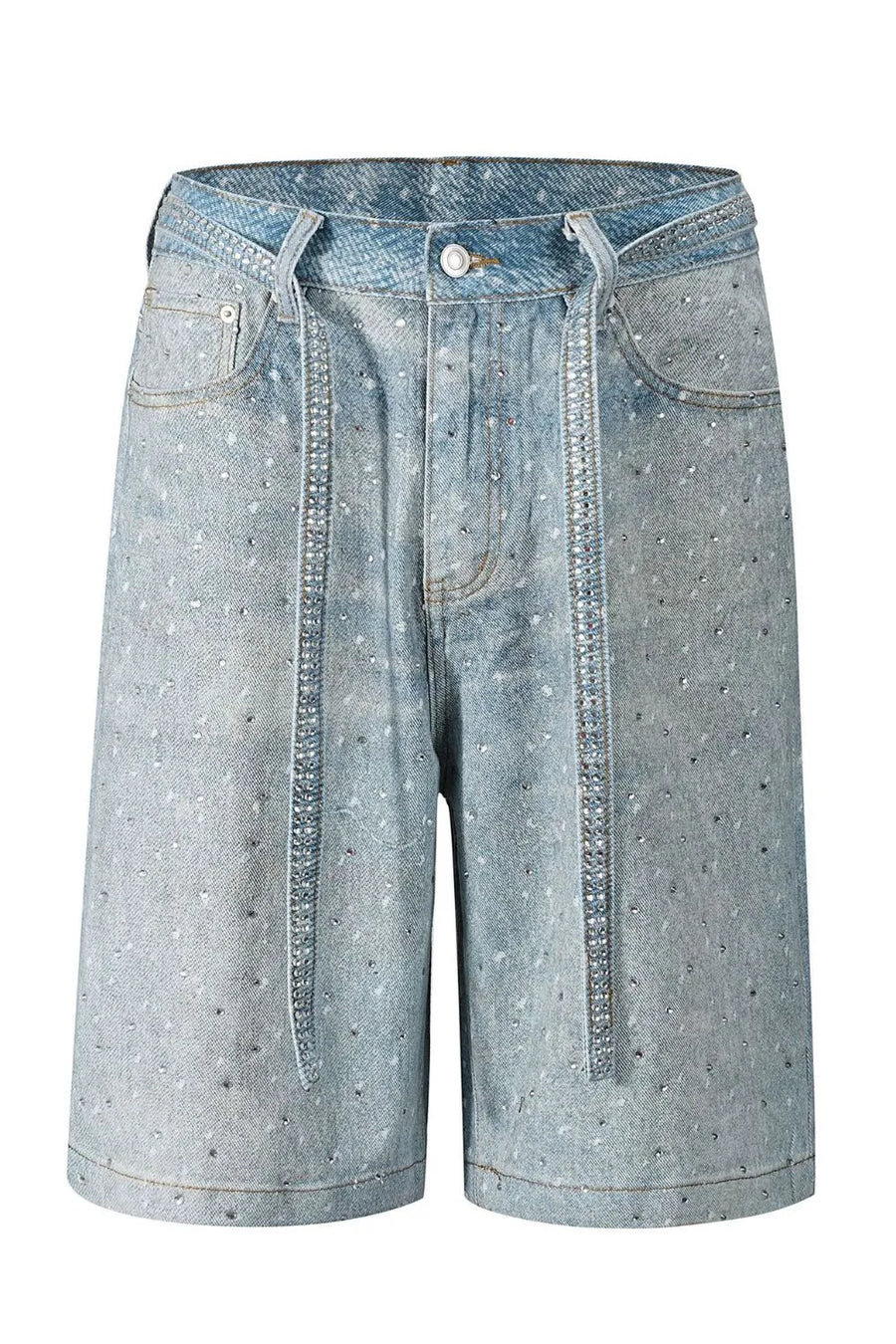 Embellished denim bermuda shorts in medium wash with allover rhinestones and a tie waist.