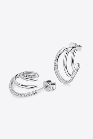Silver triple hoop diamond stud earrings with pave diamond accents