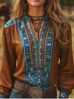 terracotta blouse with bohemian print and collared