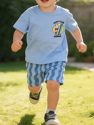 Toddler two-piece set with light blue graphic tee and blue striped shorts.