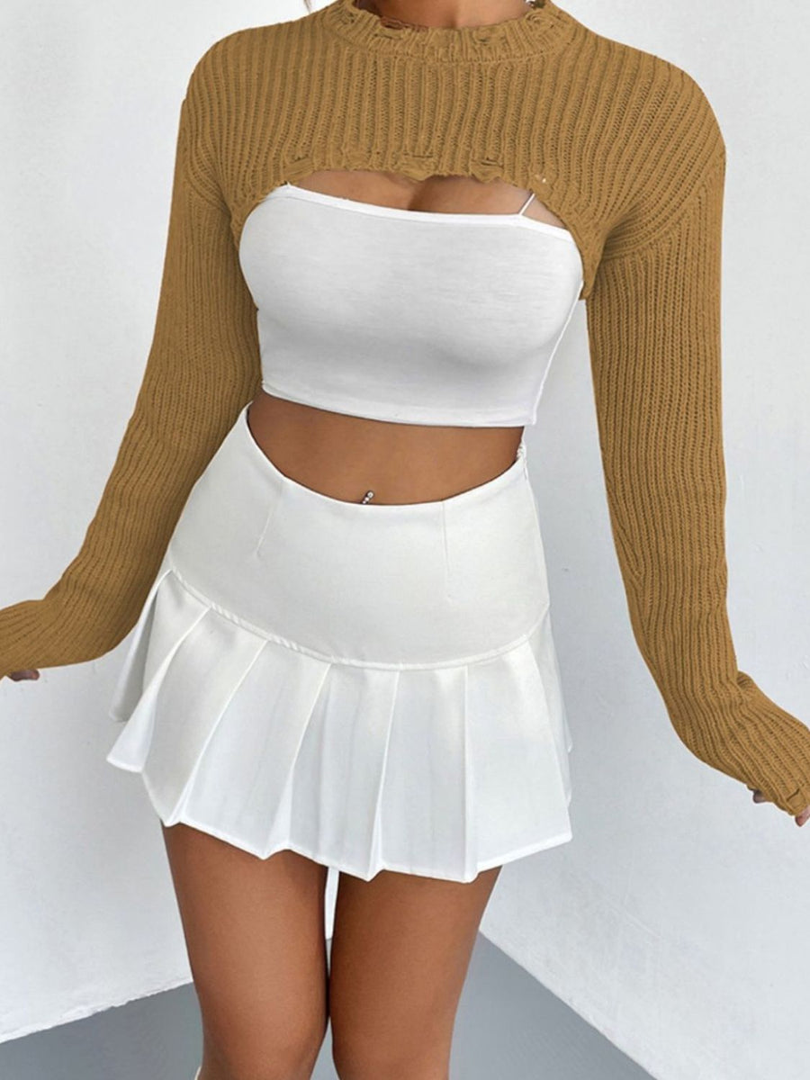 Tan distressed knit bolero crop top with ripped neckline detail.