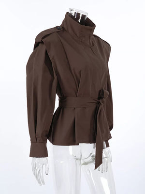 Stand-collar Belted Trench Coat in Black with belted