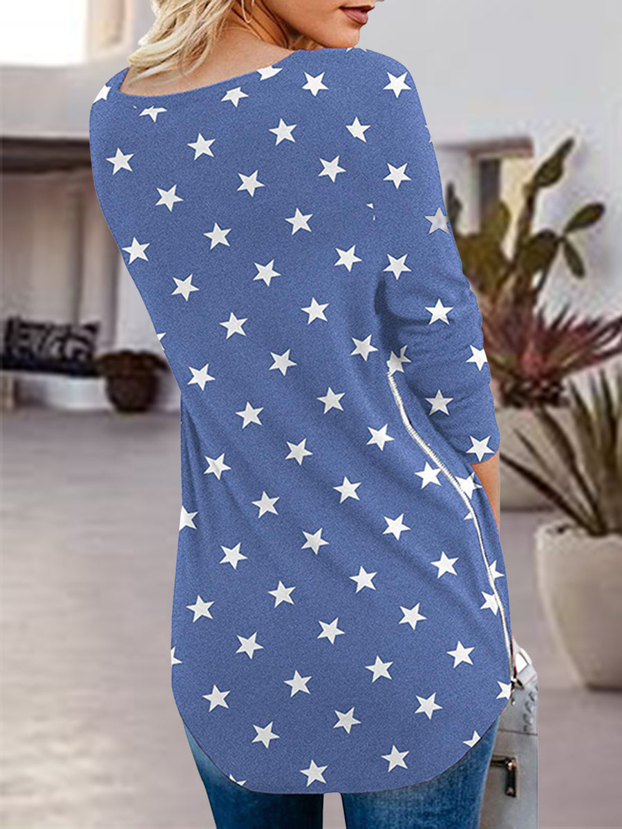 Blue star print v-neck top with side zip detail
