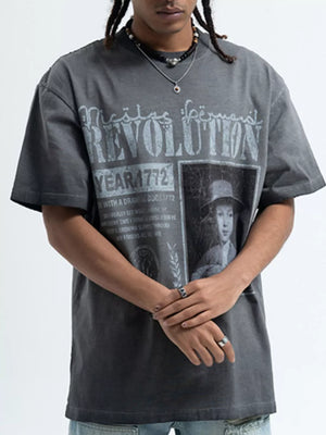 Gray oversized cotton t-shirt with vintage graphic print and crew neck.