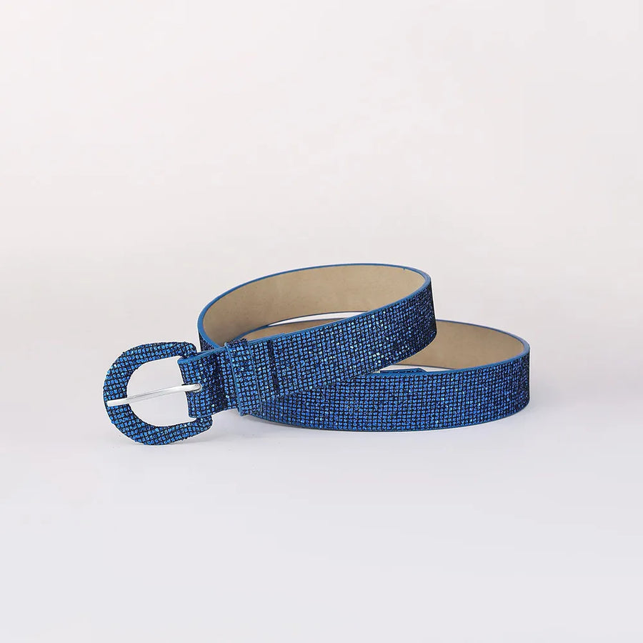 Royal blue glitter micro-studded belt with a matching buckle
