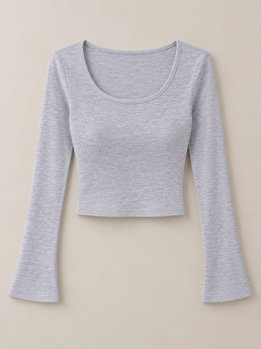 Slim-Fit Long Sleeve Cropped U-Neck T-Shirt in Gray with stretch