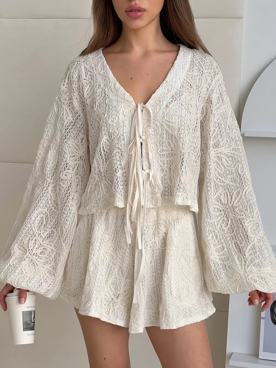 ivory lounge set with floral and v-neck