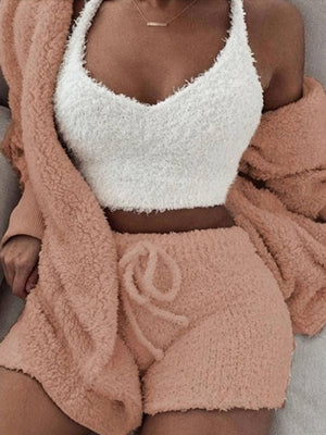 3-Piece Fuzzy Plush Cardigan Shorts Lounge Set in Dark Blue with drawstring