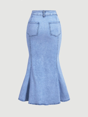 85% cotton, 15% polyester Care instructions: Machine wash cold maxi skirt in Blue with mermaid silhouette