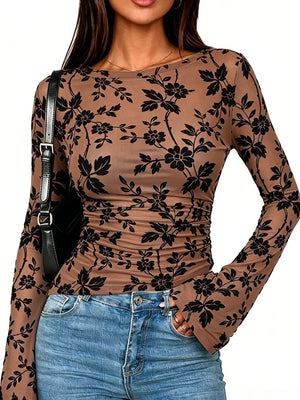tan blouse with floral and boat neck