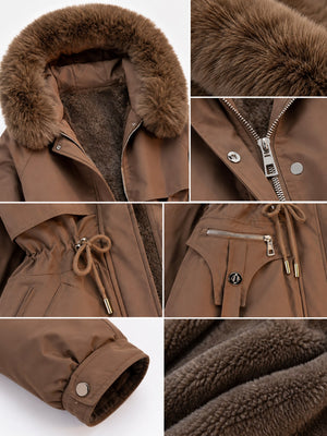 Khaki parka with hip-length and zip-front