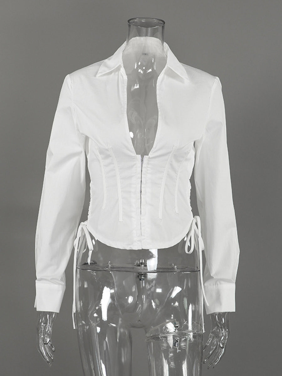 Corset-Style Ruched Blouse With Lace-Up in White with ruched