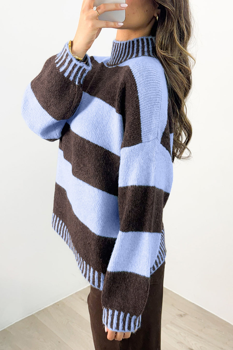 dark brown mock neck sweater with hip-length and pullover
