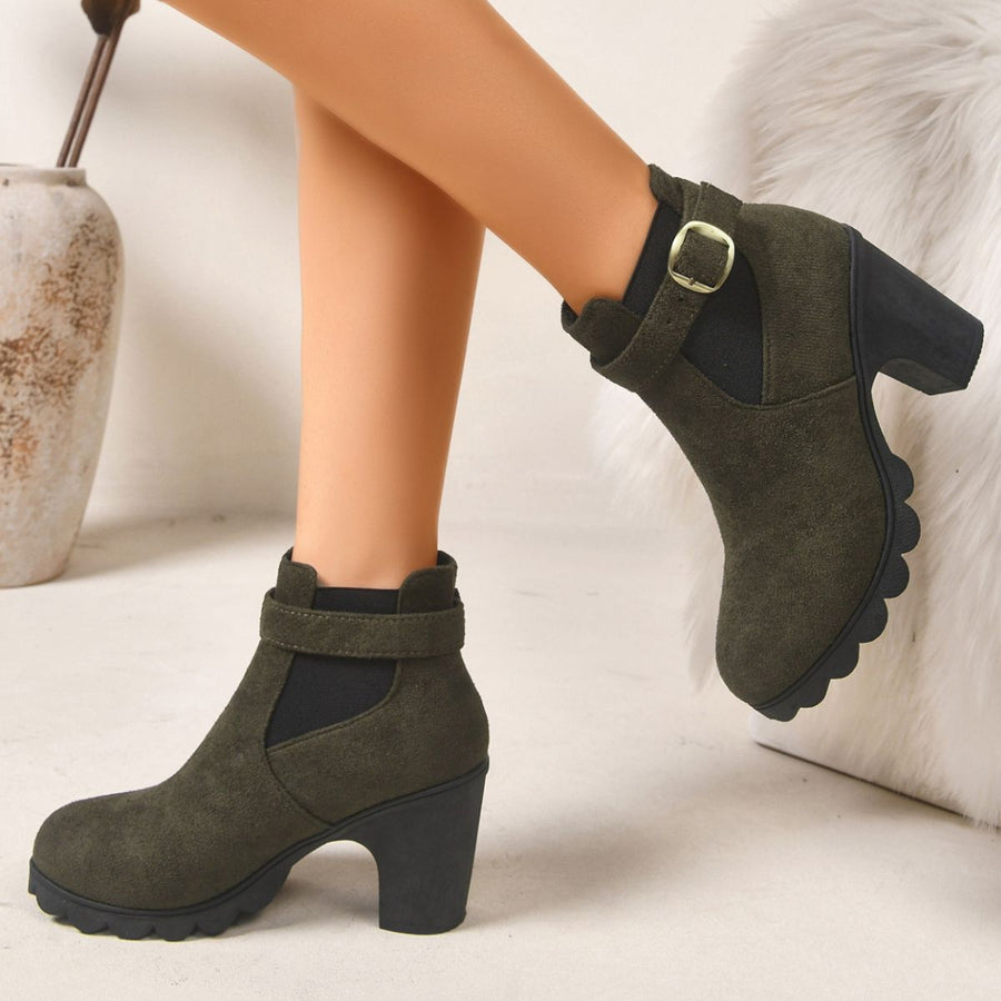Buckle Suede Round Toe Block Heels Boots in black with block heel
