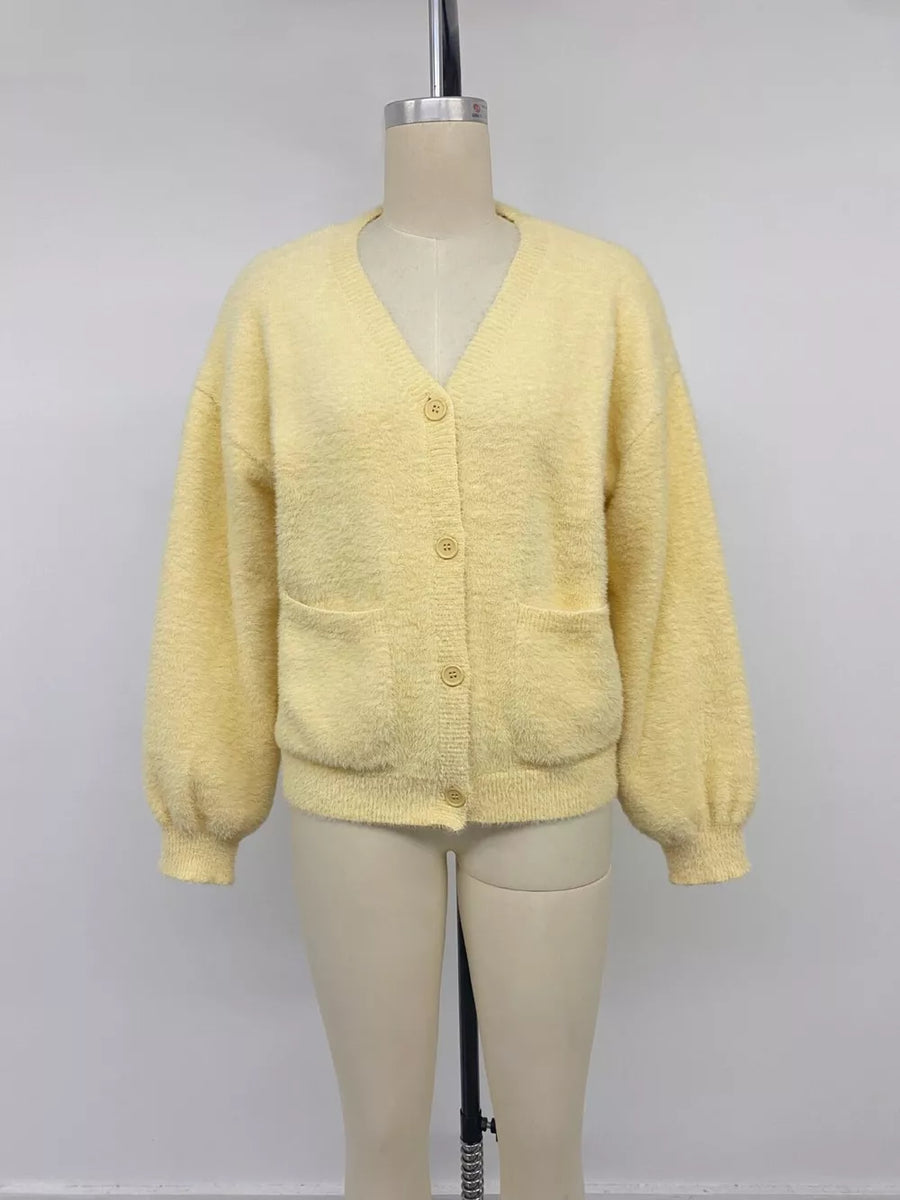 Button Up V-neck Cardigan in Yellow with buttoned