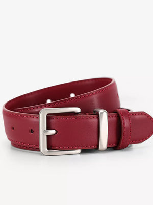 Burgundy leather belt with silver buckle and stitching detail.