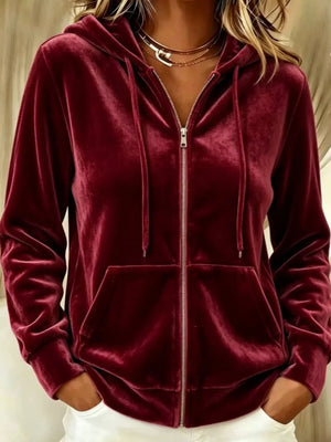 zip hoodie in light beige with drawstring and hip-length