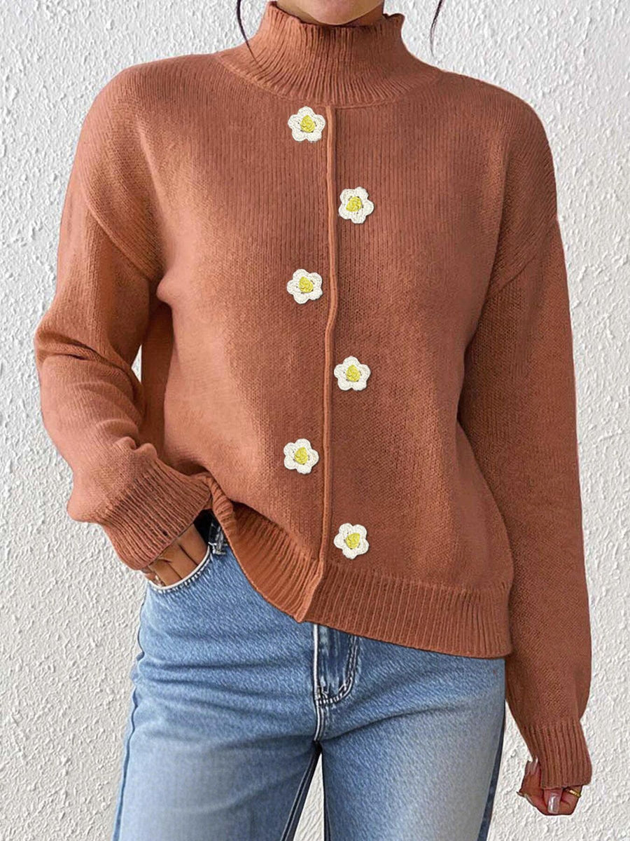 Floral Applique Turtleneck Sweater in Ochre