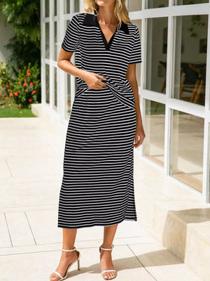black two-piece set with striped and collared