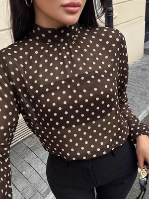 Coffee Brown relaxed blouse with mock neck