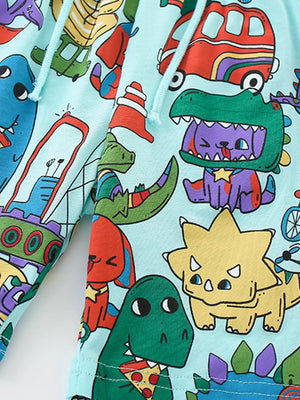 Light blue cotton toddler boys' underwear with a cartoon dinosaur and vehicle print.