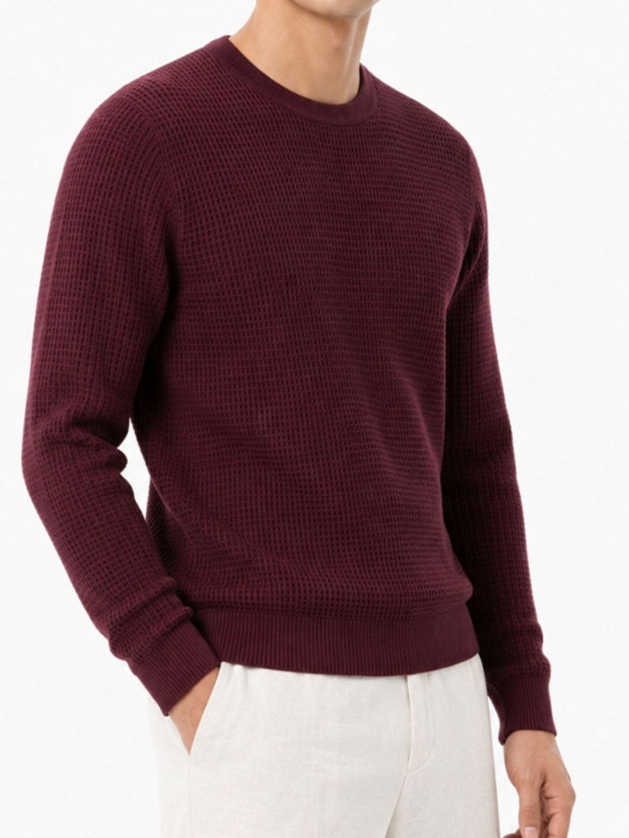 Men's Plus Size Waffle-Knit Crew Neck Top in Burgundy with waffle-knit