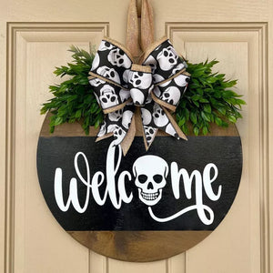 door hanger in black featuring skull graphic and circular fit