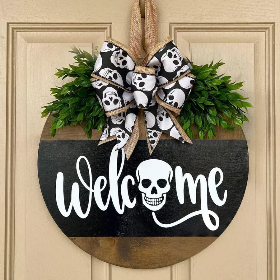door hanger in black featuring skull graphic and circular fit
