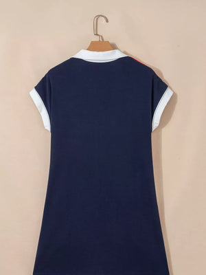 Americana colorblock mini dress with white collar and sleeve trim, dark navy.