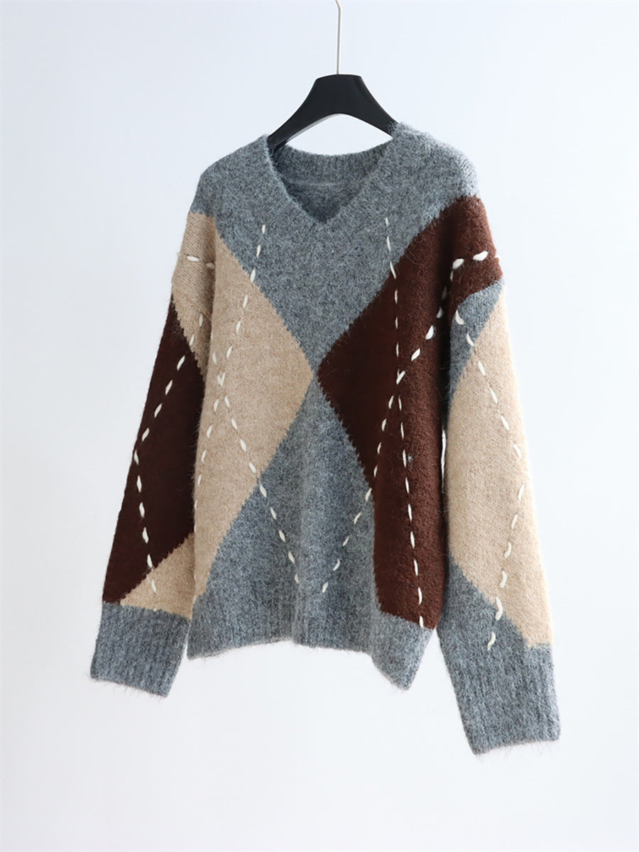 Argyle V-Neck Oversized Sweater in Brown